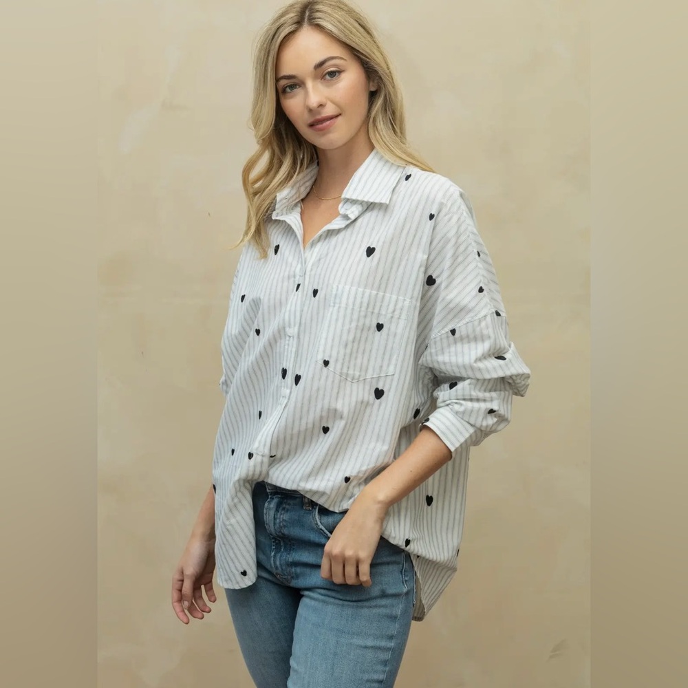 Heart Patterned White Striped Blouse